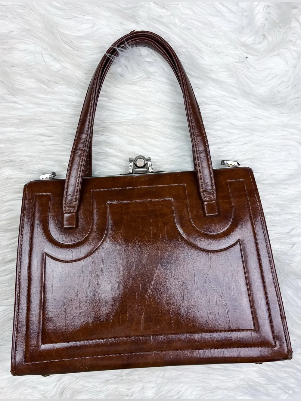 Vintage 60s Metal Frame Leather Top Handle Satchel Tote Bag Purse Brown Retro